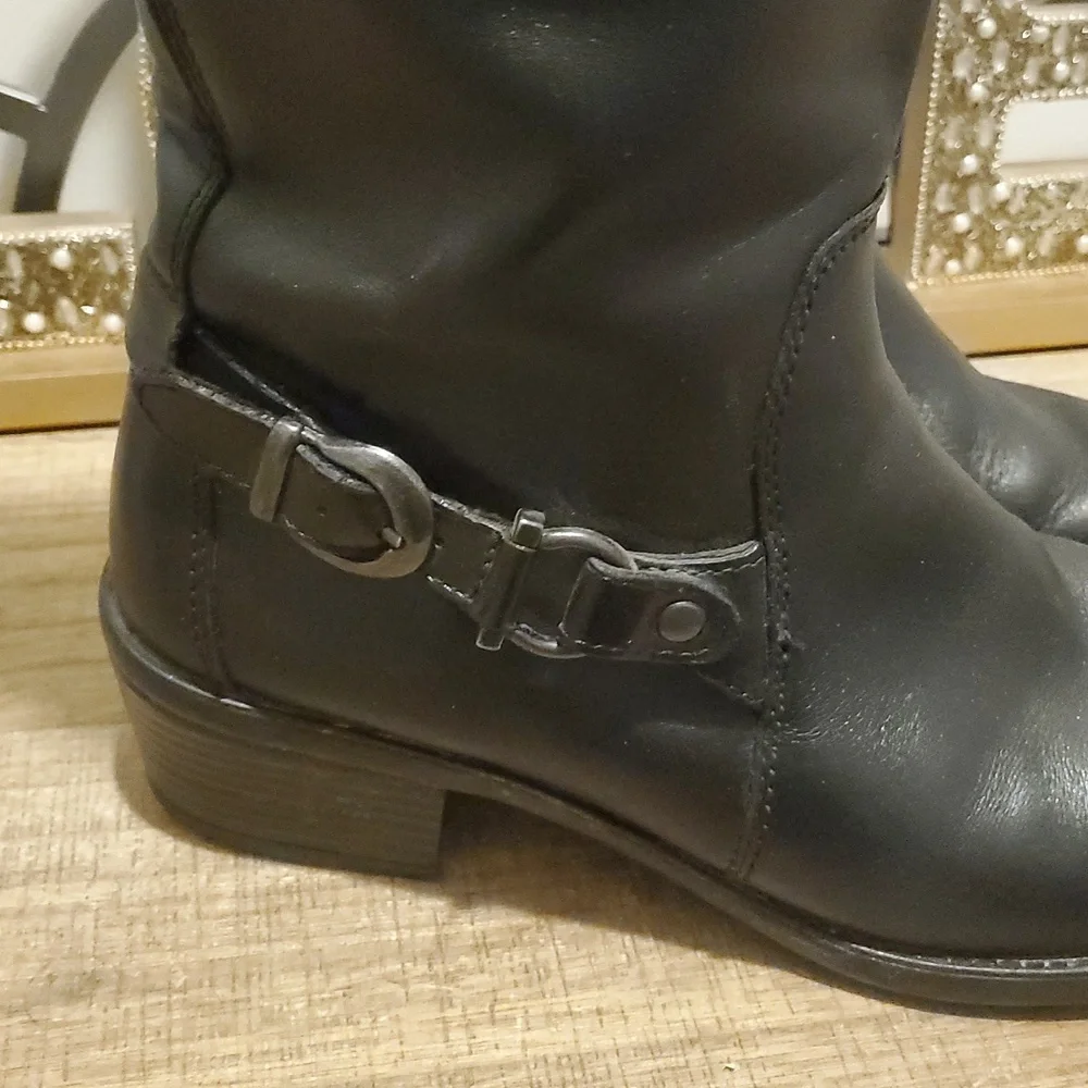 Bussola Black Womens Soft Black Leather Buckle Zip Knee-High Boots Sz 39/8, Boho
